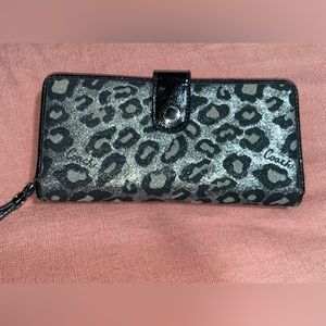Coach Ocelot Leopard Button Shut Bifold Wallet Gray Black Silver